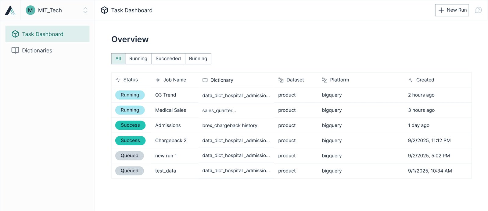 The Assertion portal: a task dashboard listing runs with their status, dictionary, dataset, platform and when each was created.
